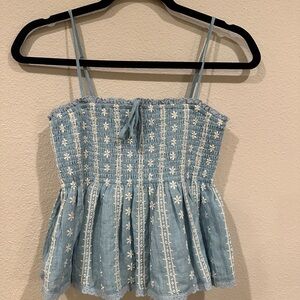 Embroidered Blue Smocked Top